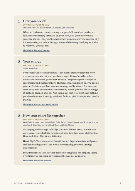 Page 5: three sections on deciding, energy and how the chart fits together, each with the reasoning from the chart