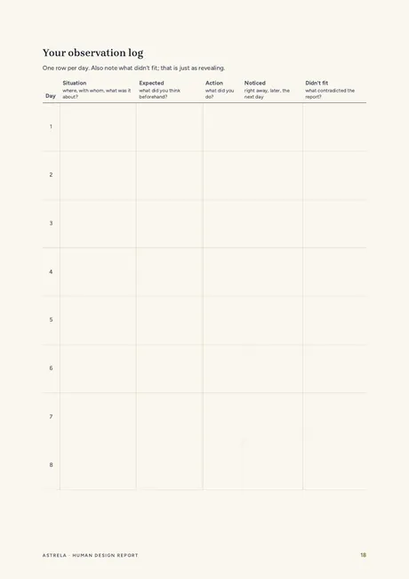 Page 18: a table to fill in, one row per day
