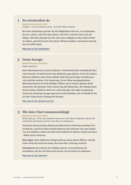 Seite 5: drei Abschnitte über Entscheiden, Energie und den Zusammenhang des Charts, jeweils mit der Begründung aus dem Chart